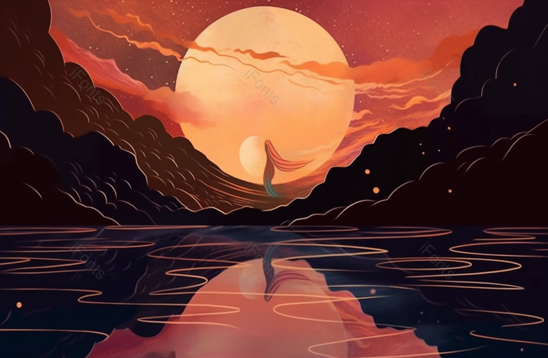 夜空中的圆月从水面升起满月月亮下站着一个女人插画,插画/手绘图,插画/手绘图库,插画/手绘图下载,插画/手绘